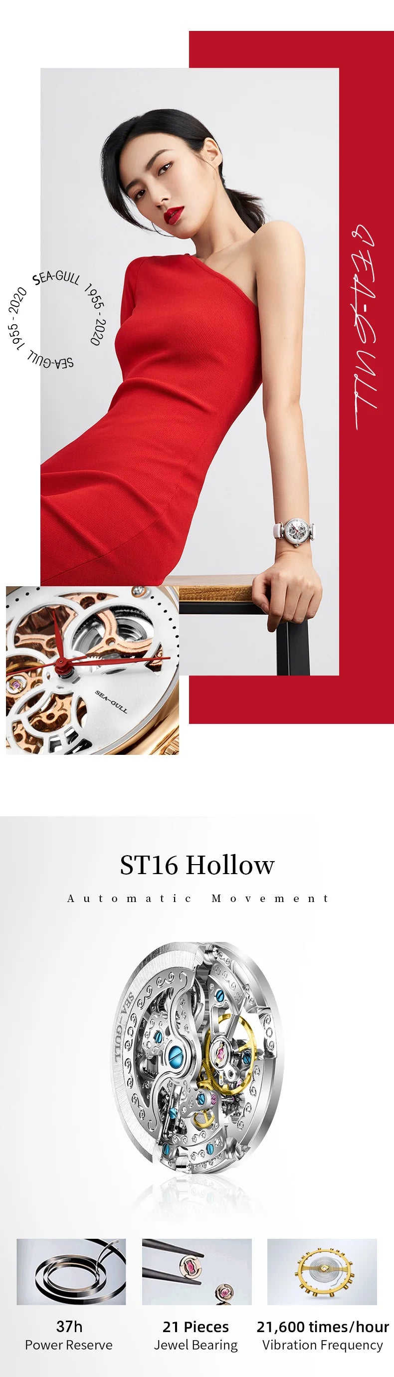 Seagull Watch Luxury Women Simple Dial Hollow Fashion 316L Stainless Steel Leather Strap Wristwatch Ladies Watches Reloj Mujer