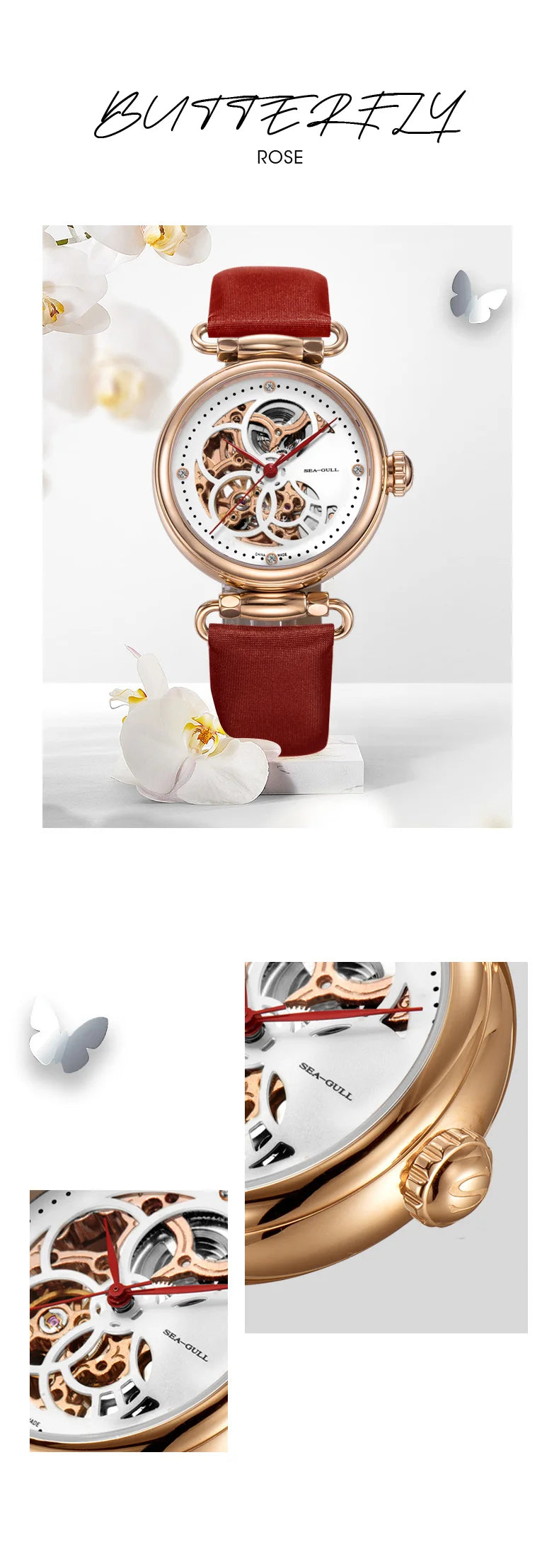 Seagull Watch Luxury Women Simple Dial Hollow Fashion 316L Stainless Steel Leather Strap Wristwatch Ladies Watches Reloj Mujer