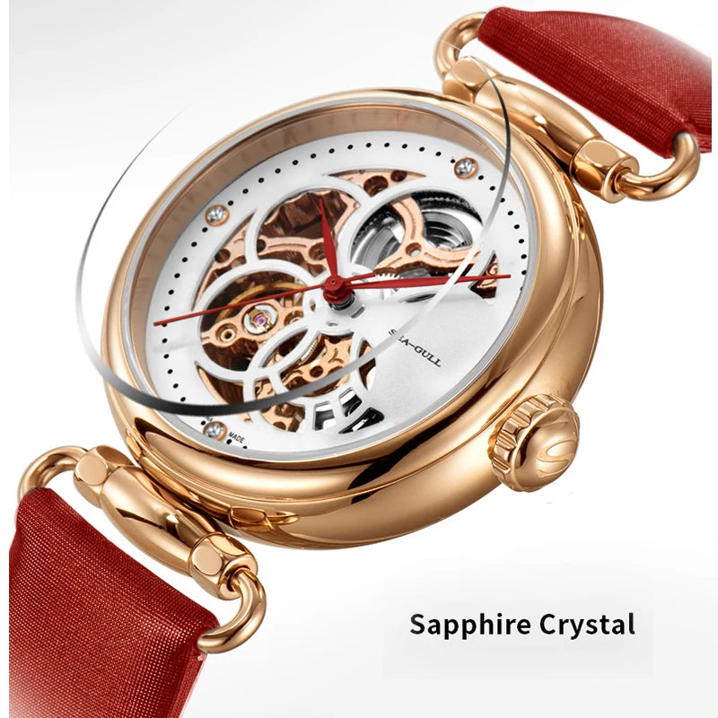 Seagull Watch Luxury Women Simple Dial Hollow Fashion 316L Stainless Steel Leather Strap Wristwatch Ladies Watches Reloj Mujer