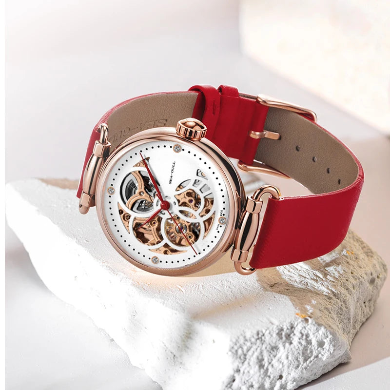 Seagull Watch Luxury Women Simple Dial Hollow Fashion 316L Stainless Steel Leather Strap Wristwatch Ladies Watches Reloj Mujer