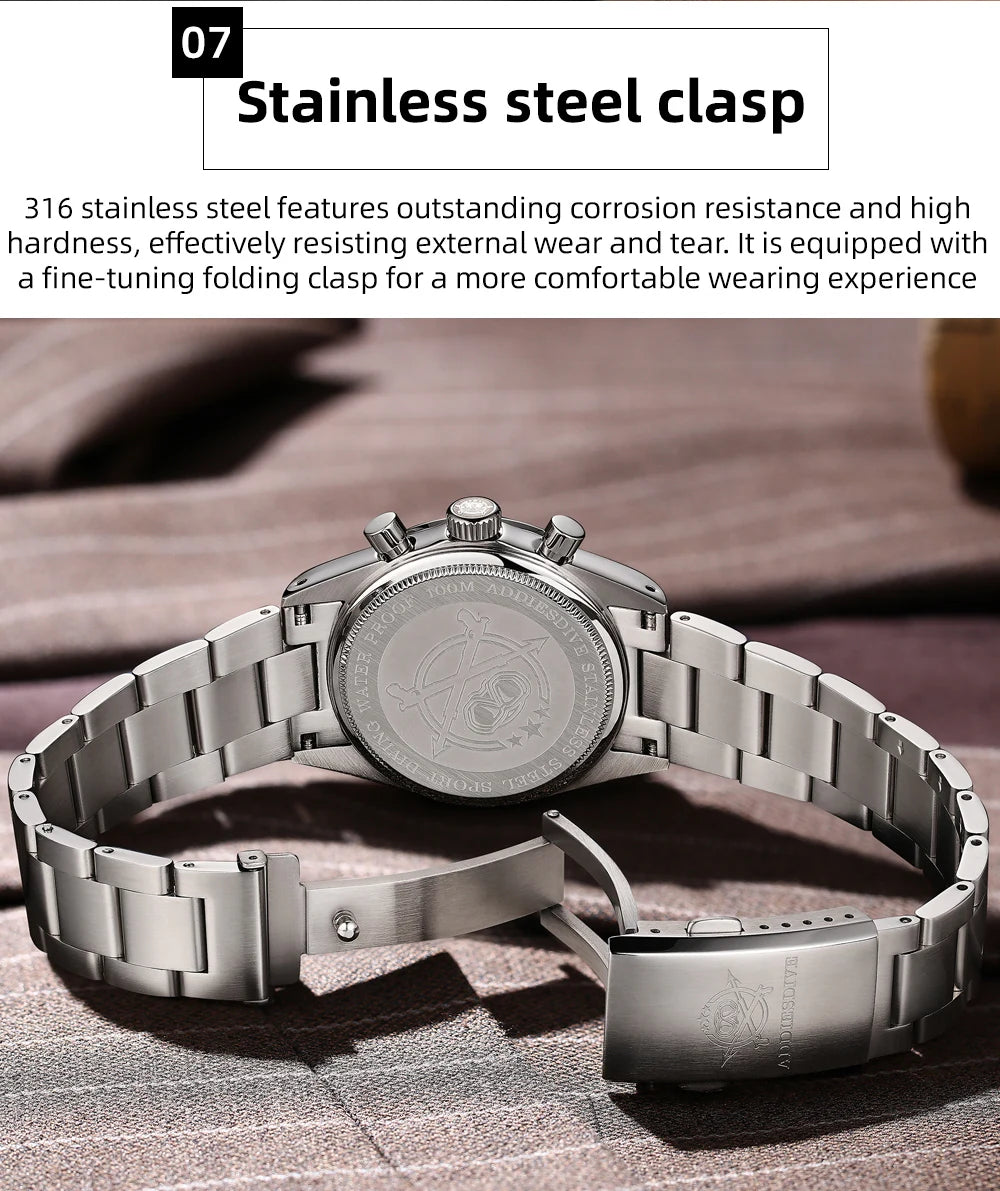 ADDIESDIVE New Men Watch VK63 Chronograph Quartz Watches 37mm Color Blocking Dail Stainless Waterproof Luminous Luxury Watches