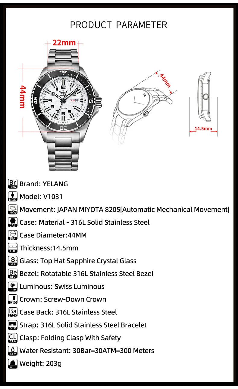 Yelang V1031 Luxury Men Brand Watch 44mm Diver Water Watches Japan 8205 Automatic Mechanical movement Luminous 300M Waterproof