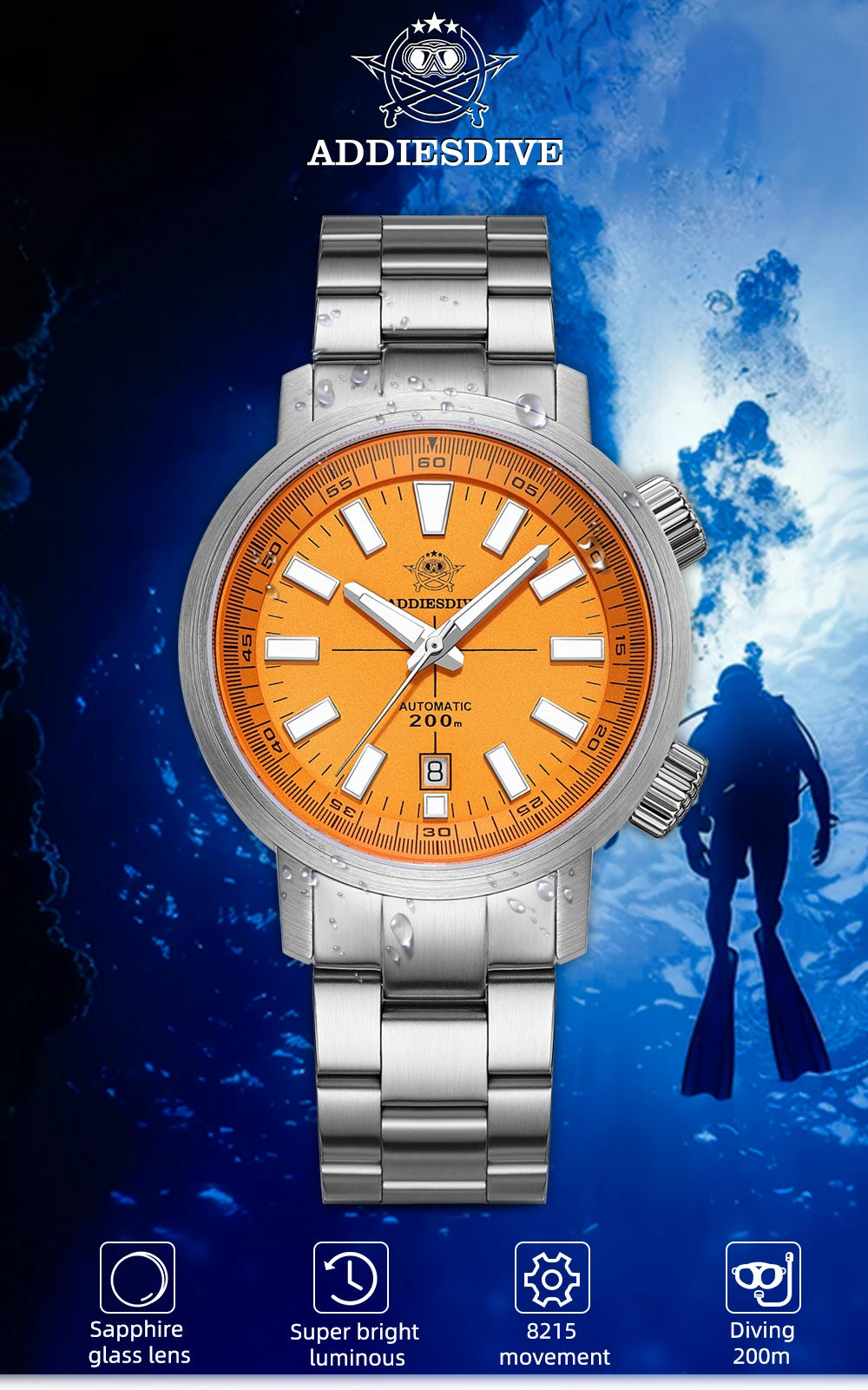 ADDIESDIVE Automatic Mechanical Watch 200m Waterproof BGW9 Super Luminous Sapphire Grass  8215 316L Stainless Steel Men Watches