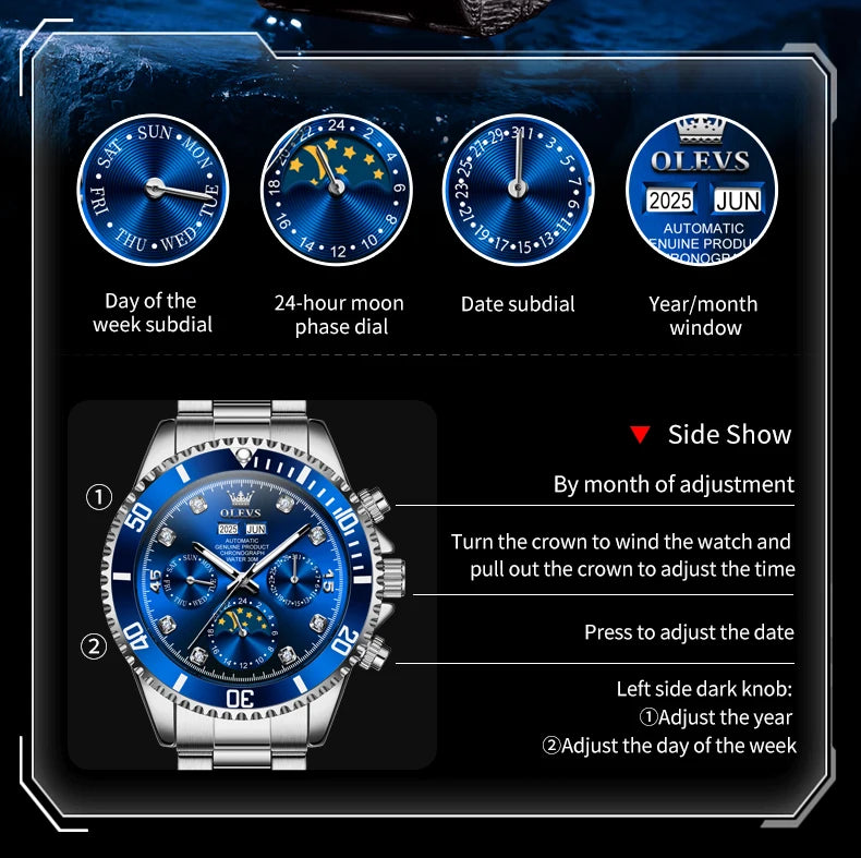 OLEVS 6729 Mens Watch High QualityGold Multifunctional Automatic Mechanical Watch Moon Phase Sports Watches Original Luxury
