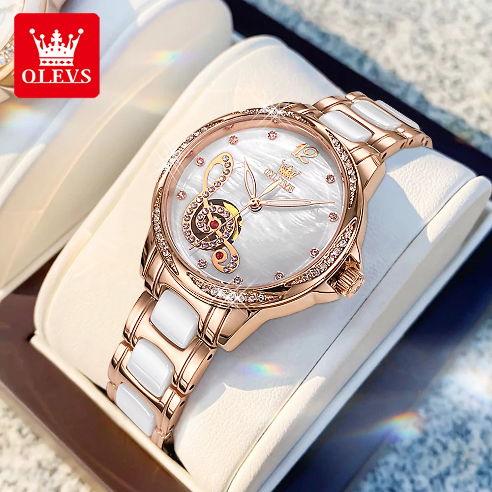OLEVS 6656 Ladies Watches Top Brand Luxury Elegant Original Automatic Mechanical Watch Waterproof Ceramics Strap Watch Set Box