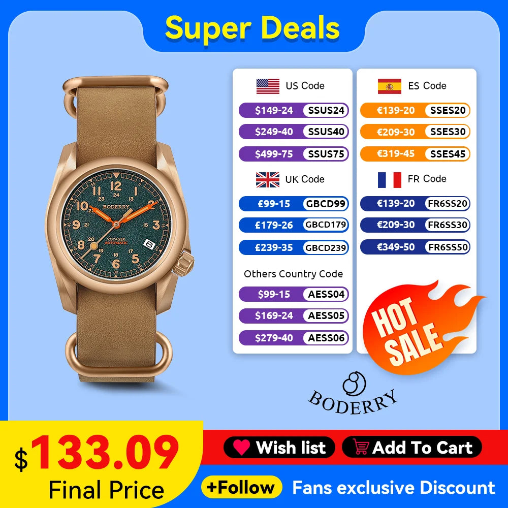 Boderry VOYAGER Field Watches Bronze Case Automatic For Seiko NH35 Watch 100M Waterproof Clock Military Vintage Wristwatch Mens