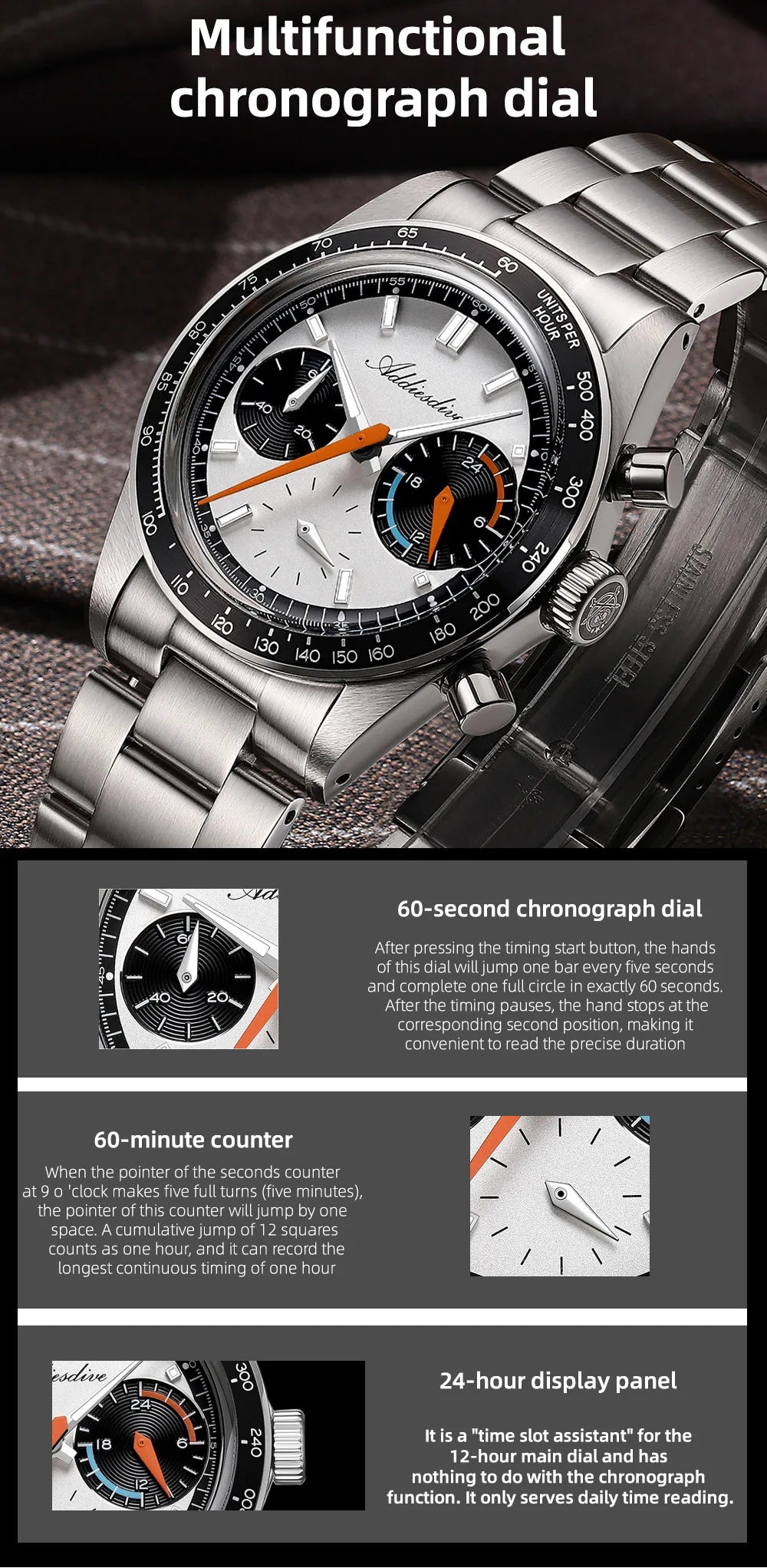 ADDIESDIVE New Men Watch VK63 Chronograph Quartz Watches 37mm Color Blocking Dail Stainless Waterproof Luminous Luxury Watches