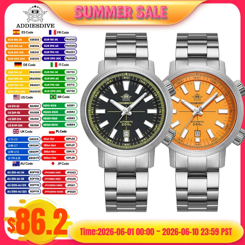 ADDIESDIVE Automatic Mechanical Watch 200m Waterproof BGW9 Super Luminous Sapphire Grass  8215 316L Stainless Steel Men Watches