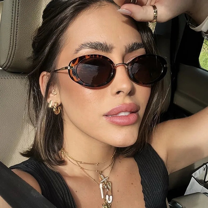 Small Oval Frame Retro Sunglasses Luxury Metal Designer Shades Women's Trendy Fashion Brand Leopard Beach Sun Glasses for Lady