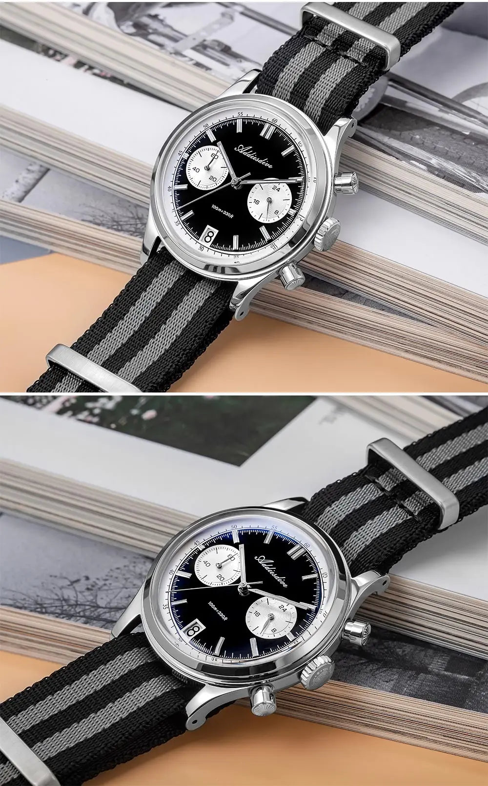 ADDIESDIVE New AD2095 Watch Chronograph Bubble Mirror Glass Quartz Watches Luminous Waterproof Retro Nylon Luxury Men's Watch