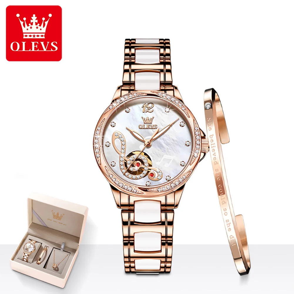 OLEVS 6656 Ladies Watches Top Brand Luxury Elegant Original Automatic Mechanical Watch Waterproof Ceramics Strap Watch Set Box