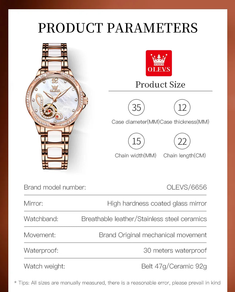OLEVS 6656 Ladies Watches Top Brand Luxury Elegant Original Automatic Mechanical Watch Waterproof Ceramics Strap Watch Set Box