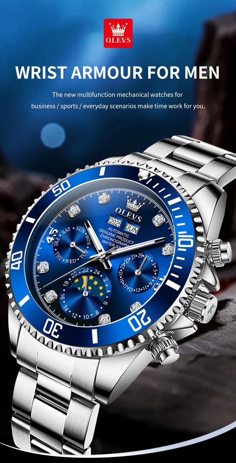 OLEVS 6729 Mens Watch High QualityGold Multifunctional Automatic Mechanical Watch Moon Phase Sports Watches Original Luxury