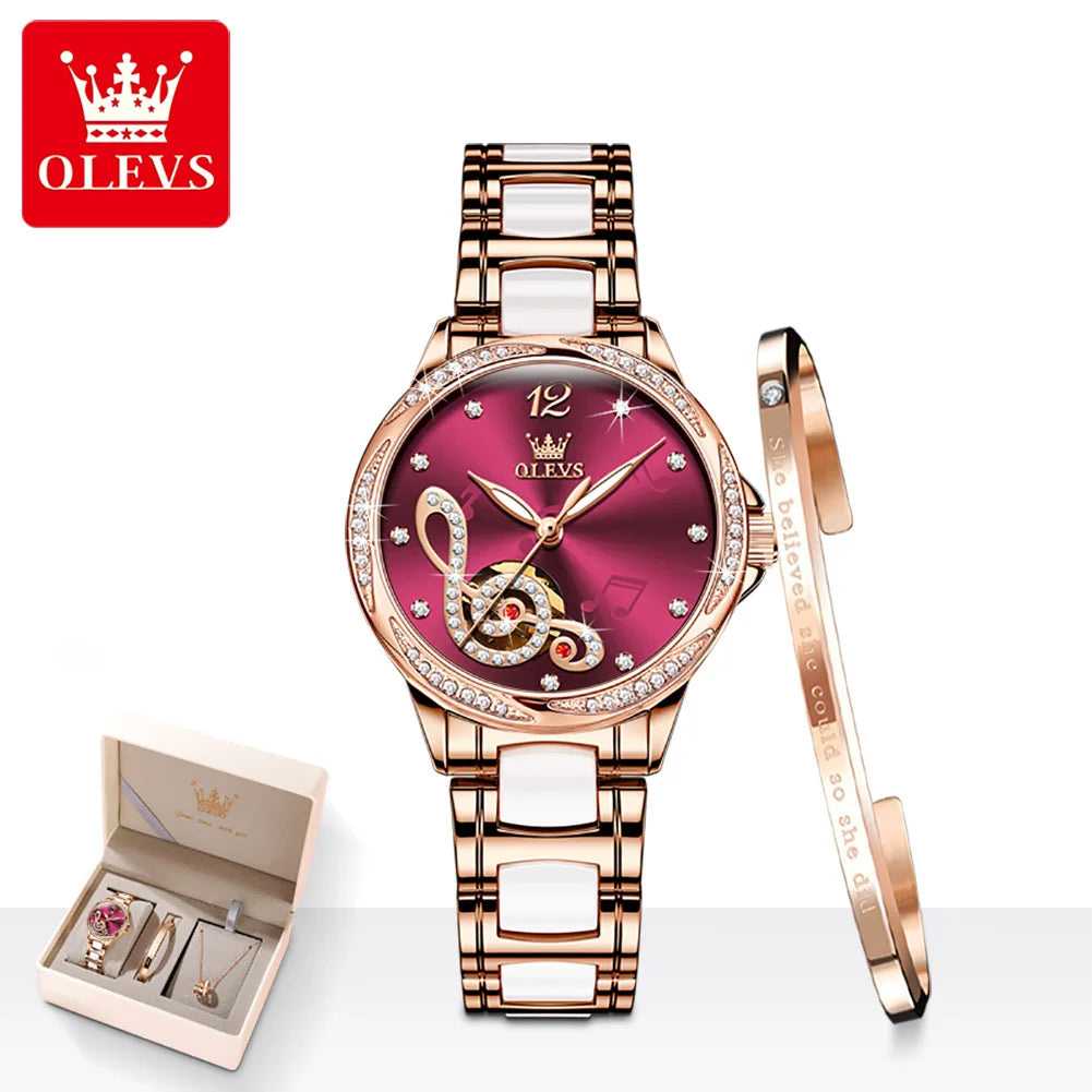 OLEVS 6656 Ladies Watches Top Brand Luxury Elegant Original Automatic Mechanical Watch Waterproof Ceramics Strap Watch Set Box