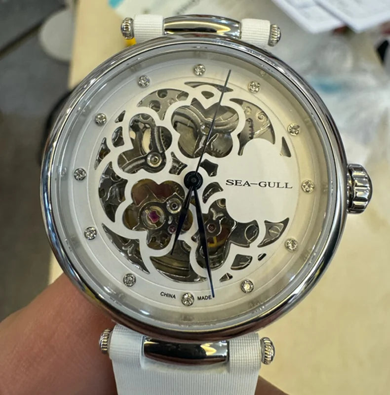 Seagull Watch Luxury Women Simple Dial Hollow Fashion 316L Stainless Steel Leather Strap Wristwatch Ladies Watches Reloj Mujer