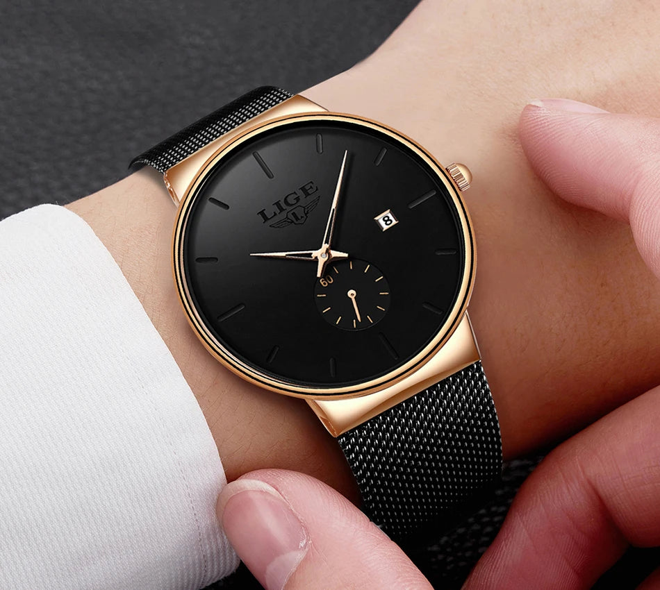 LIGE Fashion Mens Watches Top Brand Luxury Quartz Watch Men Casual Slim Mesh Steel Waterproof Sport Watch Relogio Masculino