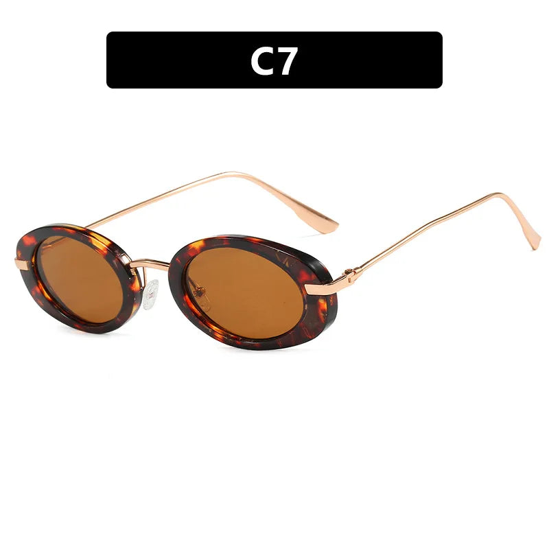 Small Oval Frame Retro Sunglasses Luxury Metal Designer Shades Women's Trendy Fashion Brand Leopard Beach Sun Glasses for Lady