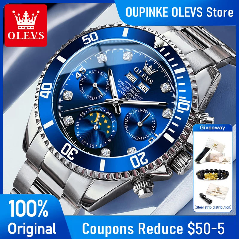 OLEVS 6729 Mens Watch High QualityGold Multifunctional Automatic Mechanical Watch Moon Phase Sports Watches Original Luxury