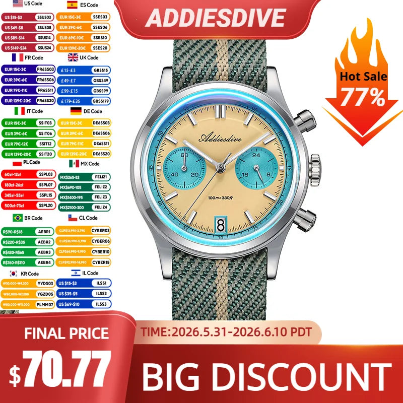 ADDIESDIVE New AD2095 Watch Chronograph Bubble Mirror Glass Quartz Watches Luminous Waterproof Retro Nylon Luxury Men's Watch