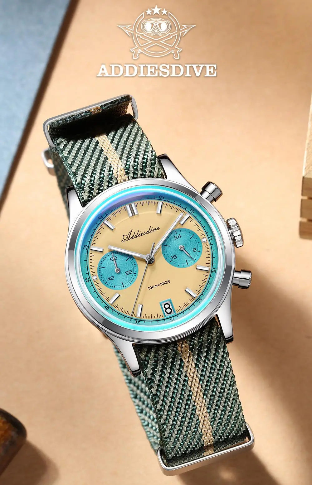ADDIESDIVE New AD2095 Watch Chronograph Bubble Mirror Glass Quartz Watches Luminous Waterproof Retro Nylon Luxury Men's Watch