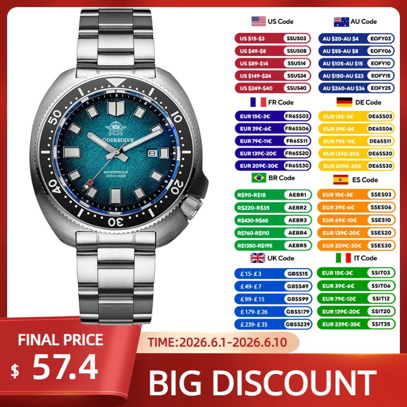 ADDIESDIVE Quartz Watches For Men New AD2511 Sapphire Glass AR Coated 41mm Turtle Watch BGW9 Luminous Waterproof 200M Dive Watch