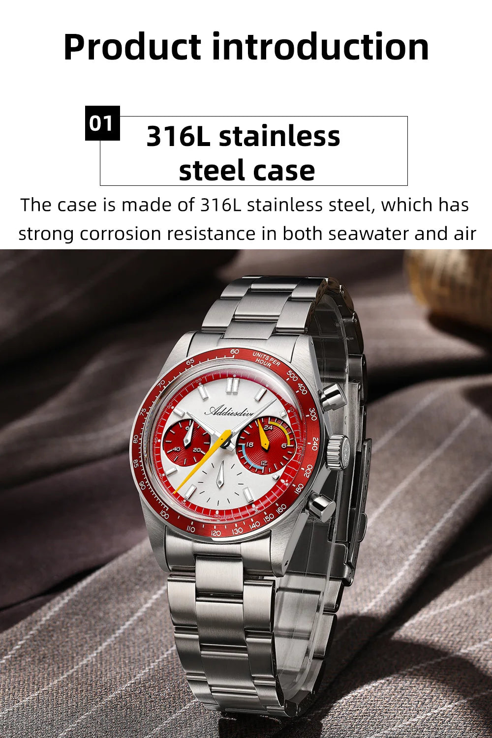 ADDIESDIVE New Men Watch VK63 Chronograph Quartz Watches 37mm Color Blocking Dail Stainless Waterproof Luminous Luxury Watches