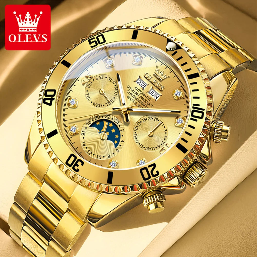 OLEVS 6729 Mens Watch High QualityGold Multifunctional Automatic Mechanical Watch Moon Phase Sports Watches Original Luxury