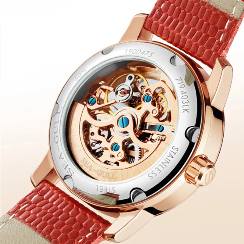Seagull Watch Luxury Women Simple Dial Hollow Fashion 316L Stainless Steel Leather Strap Wristwatch Ladies Watches Reloj Mujer