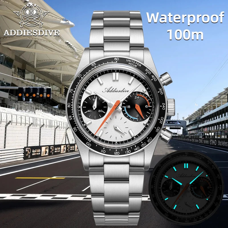ADDIESDIVE New Men Watch VK63 Chronograph Quartz Watches 37mm Color Blocking Dail Stainless Waterproof Luminous Luxury Watches