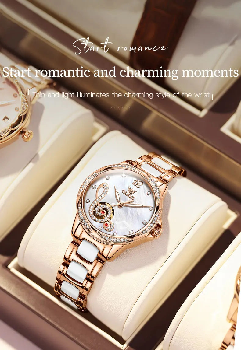 OLEVS 6656 Ladies Watches Top Brand Luxury Elegant Original Automatic Mechanical Watch Waterproof Ceramics Strap Watch Set Box