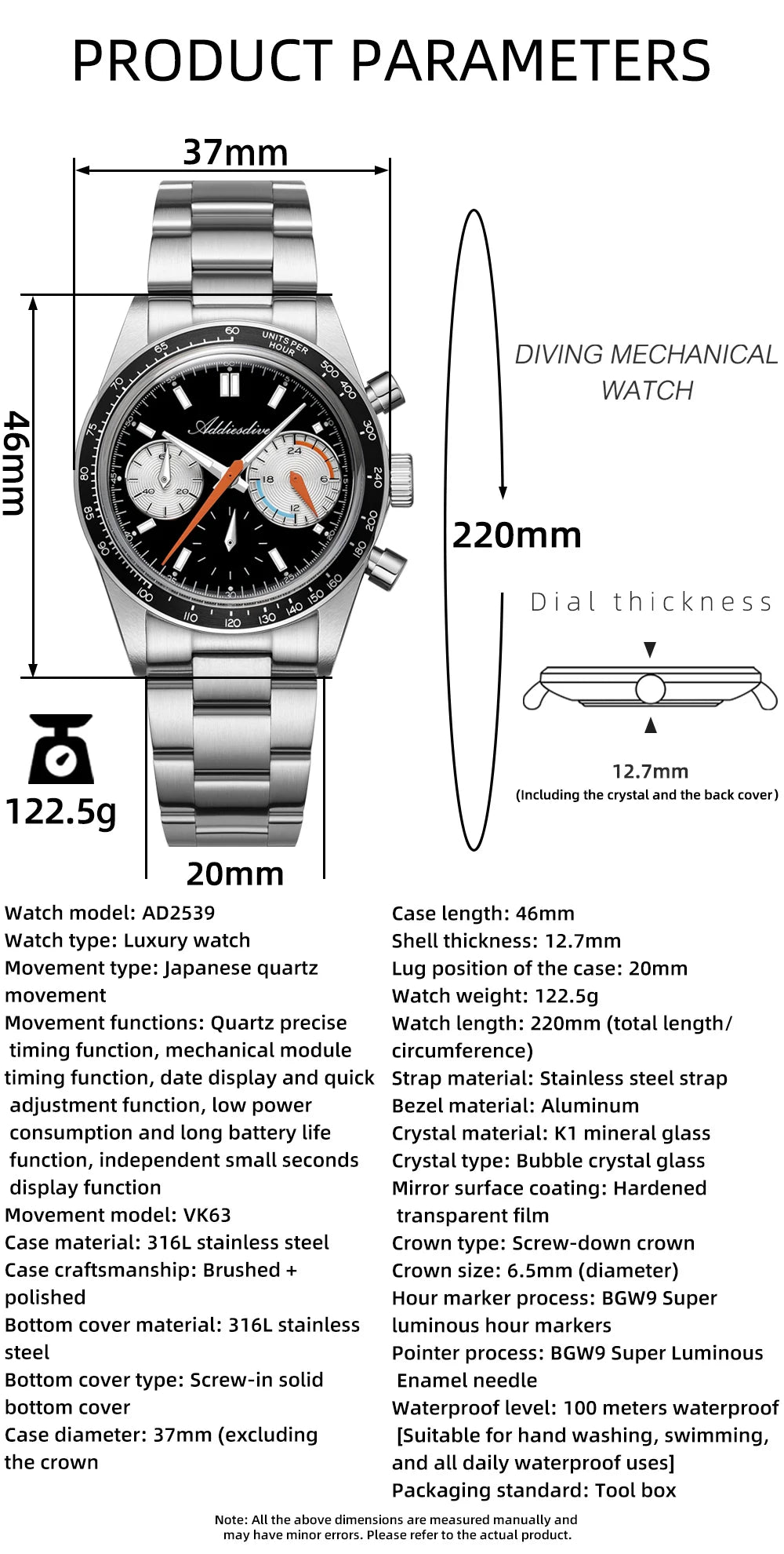 ADDIESDIVE New Men Watch VK63 Chronograph Quartz Watches 37mm Color Blocking Dail Stainless Waterproof Luminous Luxury Watches