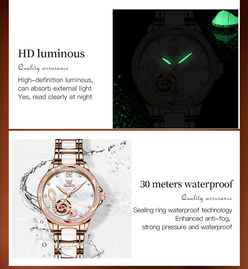 OLEVS 6656 Ladies Watches Top Brand Luxury Elegant Original Automatic Mechanical Watch Waterproof Ceramics Strap Watch Set Box