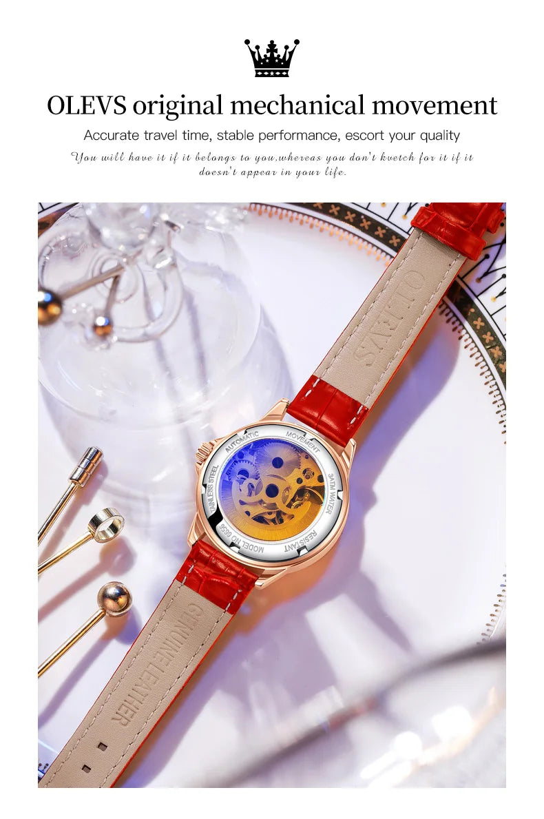 OLEVS 6656 Ladies Watches Top Brand Luxury Elegant Original Automatic Mechanical Watch Waterproof Ceramics Strap Watch Set Box