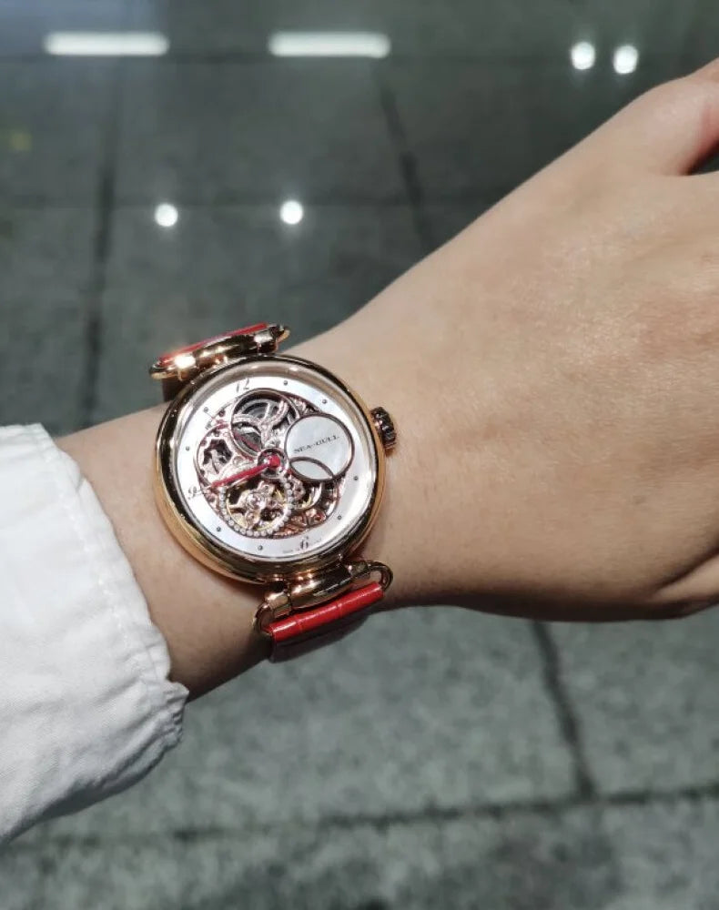 Seagull Watch Luxury Women Simple Dial Hollow Fashion 316L Stainless Steel Leather Strap Wristwatch Ladies Watches Reloj Mujer