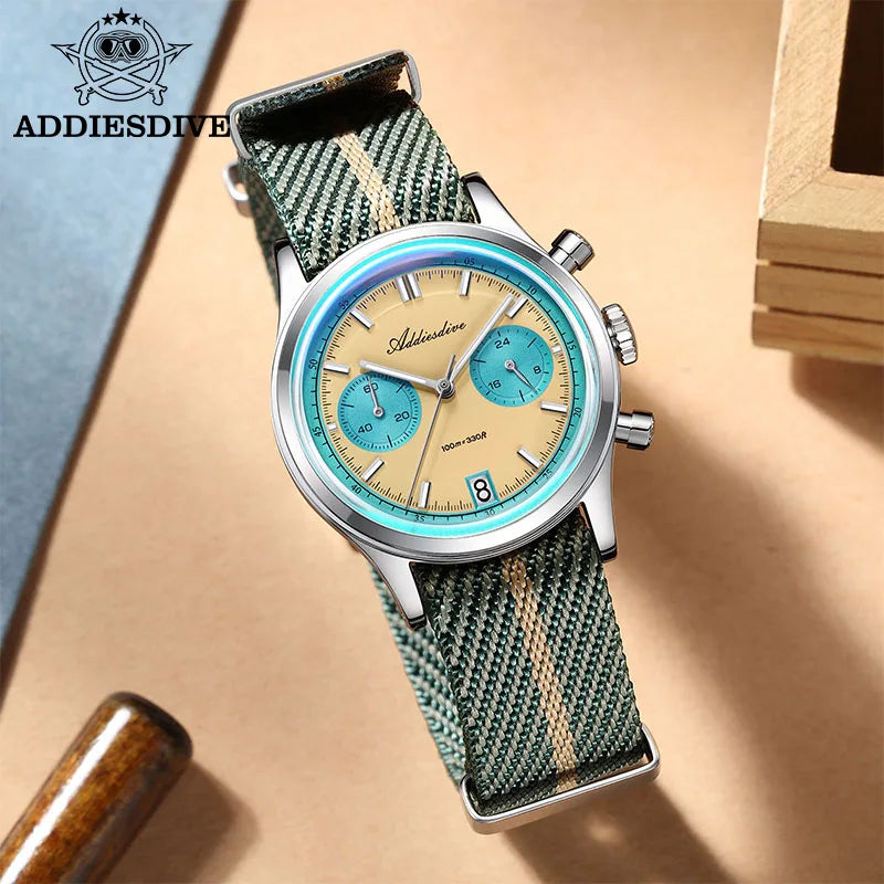 ADDIESDIVE New AD2095 Watch Chronograph Bubble Mirror Glass Quartz Watches Luminous Waterproof Retro Nylon Luxury Men's Watch