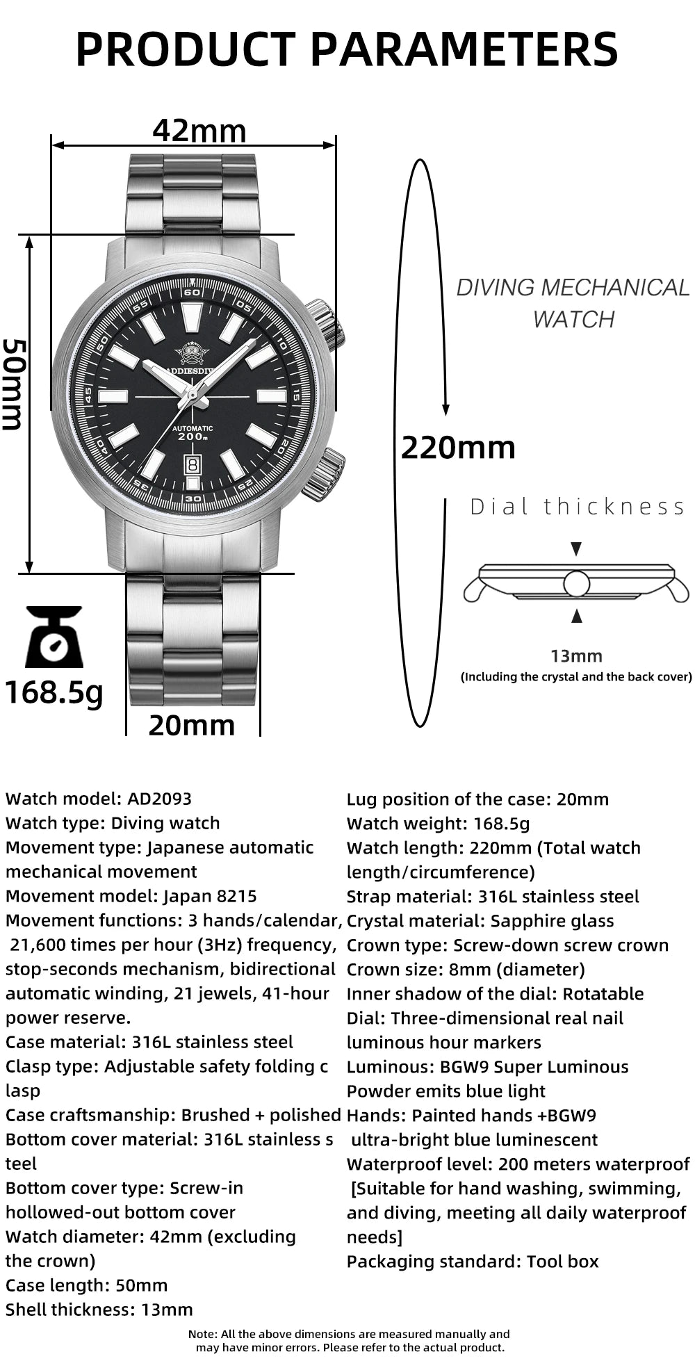 ADDIESDIVE Automatic Mechanical Watch 200m Waterproof BGW9 Super Luminous Sapphire Grass  8215 316L Stainless Steel Men Watches
