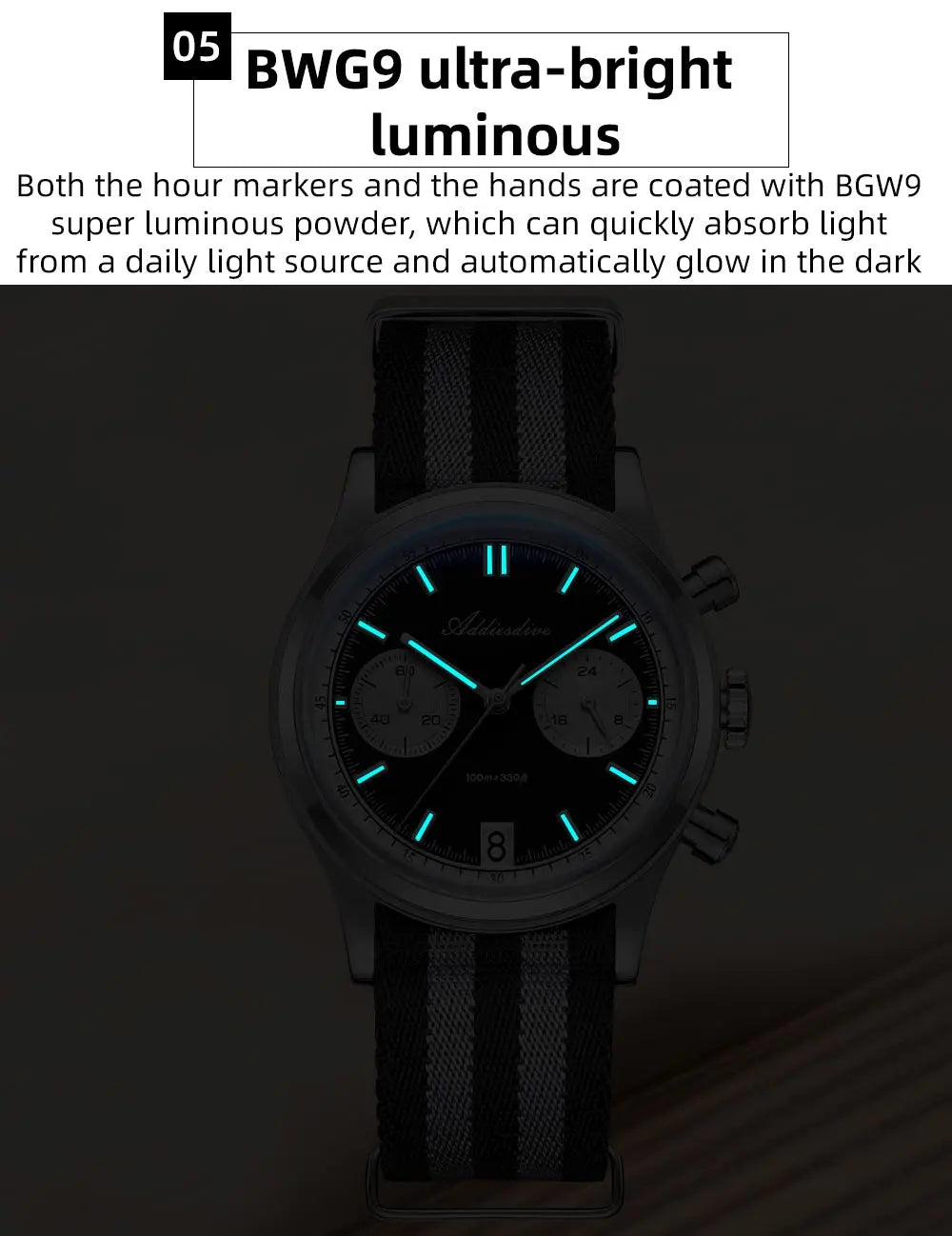 ADDIESDIVE New AD2095 Watch Chronograph Bubble Mirror Glass Quartz Watches Luminous Waterproof Retro Nylon Luxury Men's Watch