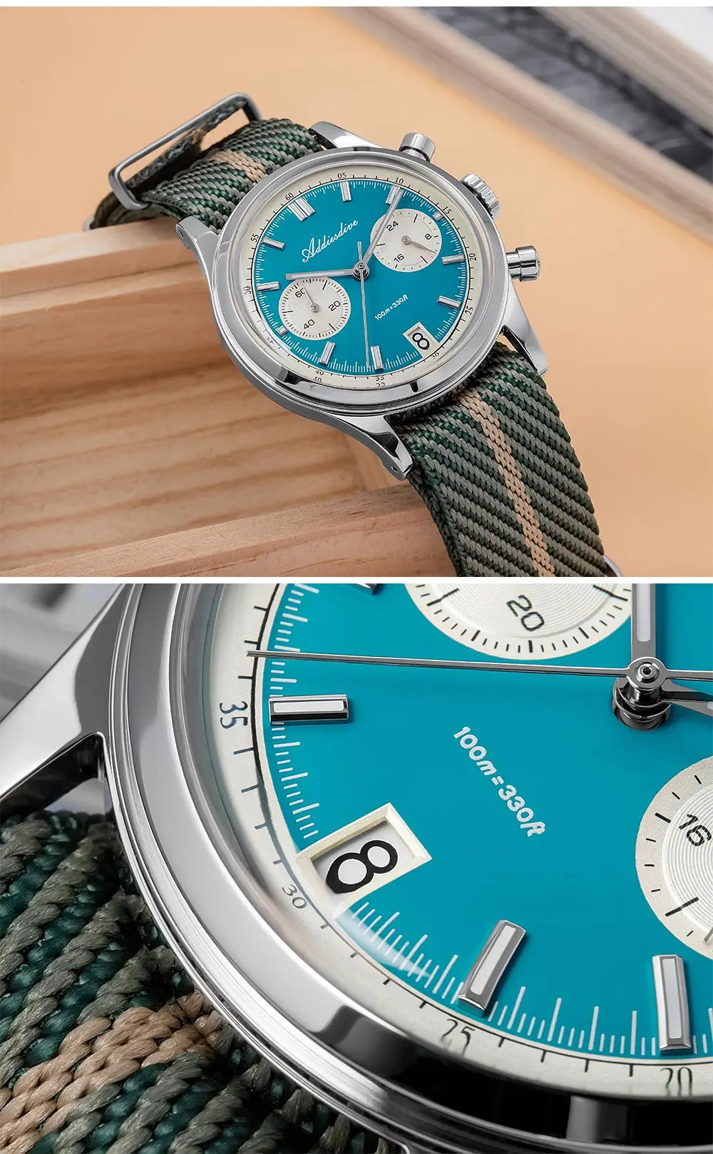 ADDIESDIVE New AD2095 Watch Chronograph Bubble Mirror Glass Quartz Watches Luminous Waterproof Retro Nylon Luxury Men's Watch