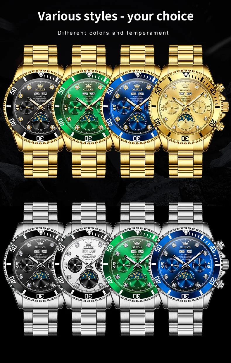 OLEVS 6729 Mens Watch High QualityGold Multifunctional Automatic Mechanical Watch Moon Phase Sports Watches Original Luxury