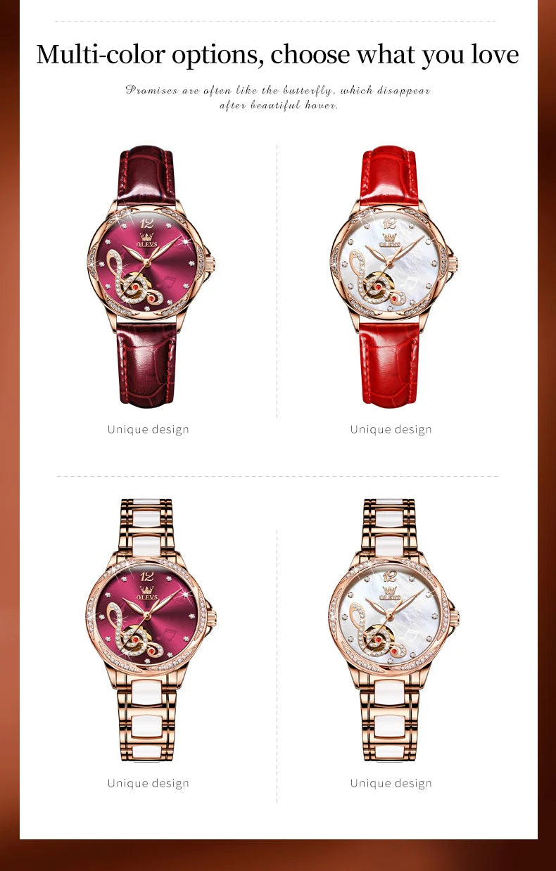 OLEVS 6656 Ladies Watches Top Brand Luxury Elegant Original Automatic Mechanical Watch Waterproof Ceramics Strap Watch Set Box