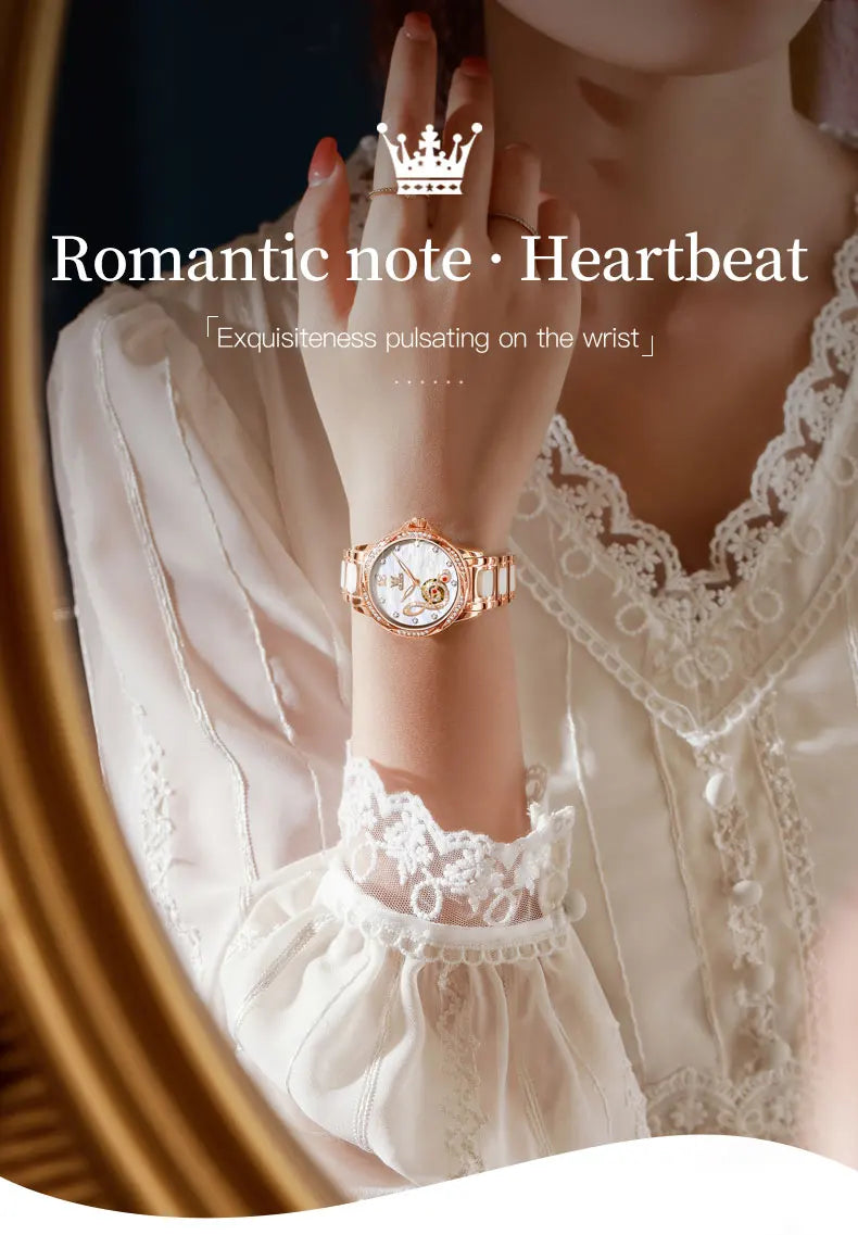 OLEVS 6656 Ladies Watches Top Brand Luxury Elegant Original Automatic Mechanical Watch Waterproof Ceramics Strap Watch Set Box