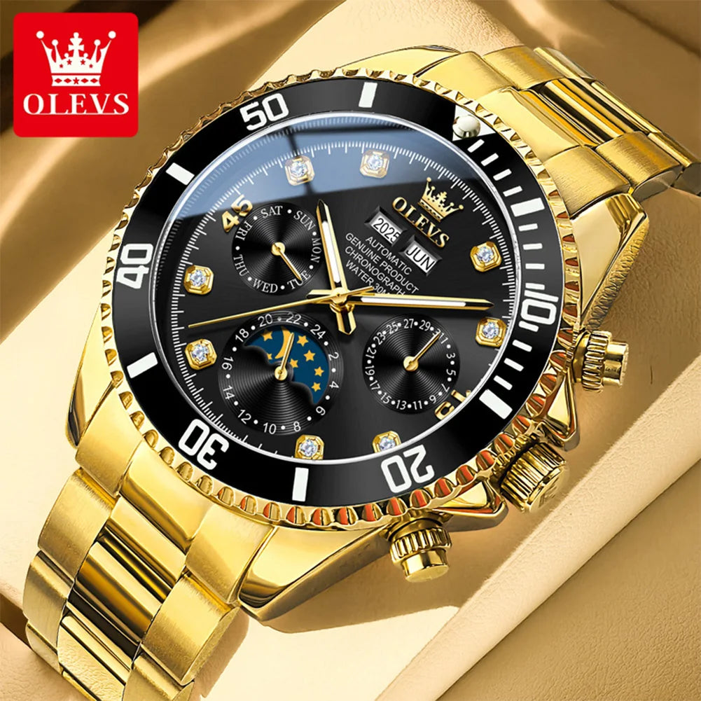 OLEVS 6729 Mens Watch High QualityGold Multifunctional Automatic Mechanical Watch Moon Phase Sports Watches Original Luxury