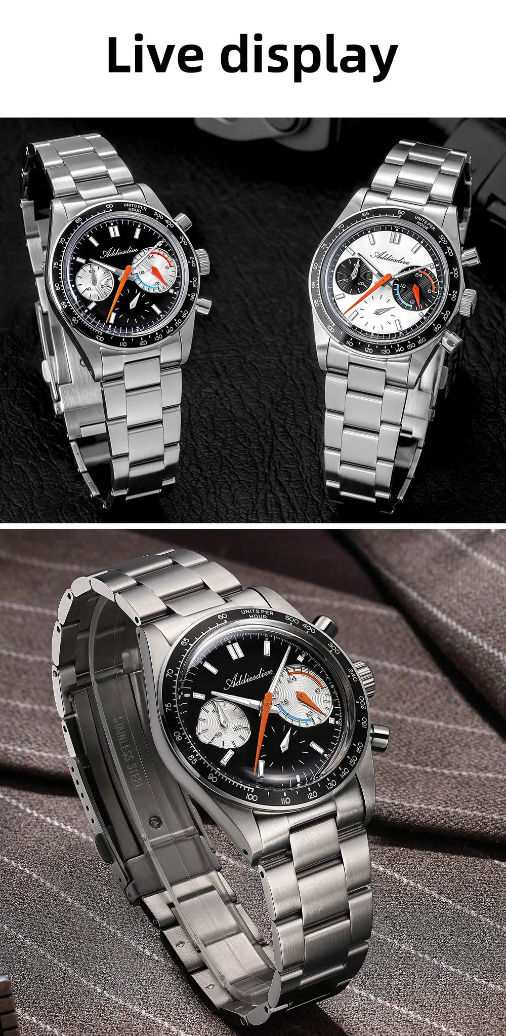 ADDIESDIVE New Men Watch VK63 Chronograph Quartz Watches 37mm Color Blocking Dail Stainless Waterproof Luminous Luxury Watches