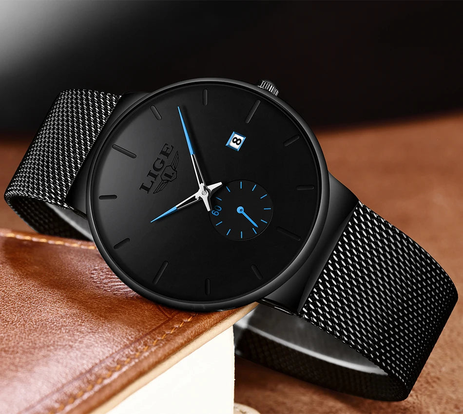 LIGE Fashion Mens Watches Top Brand Luxury Quartz Watch Men Casual Slim Mesh Steel Waterproof Sport Watch Relogio Masculino
