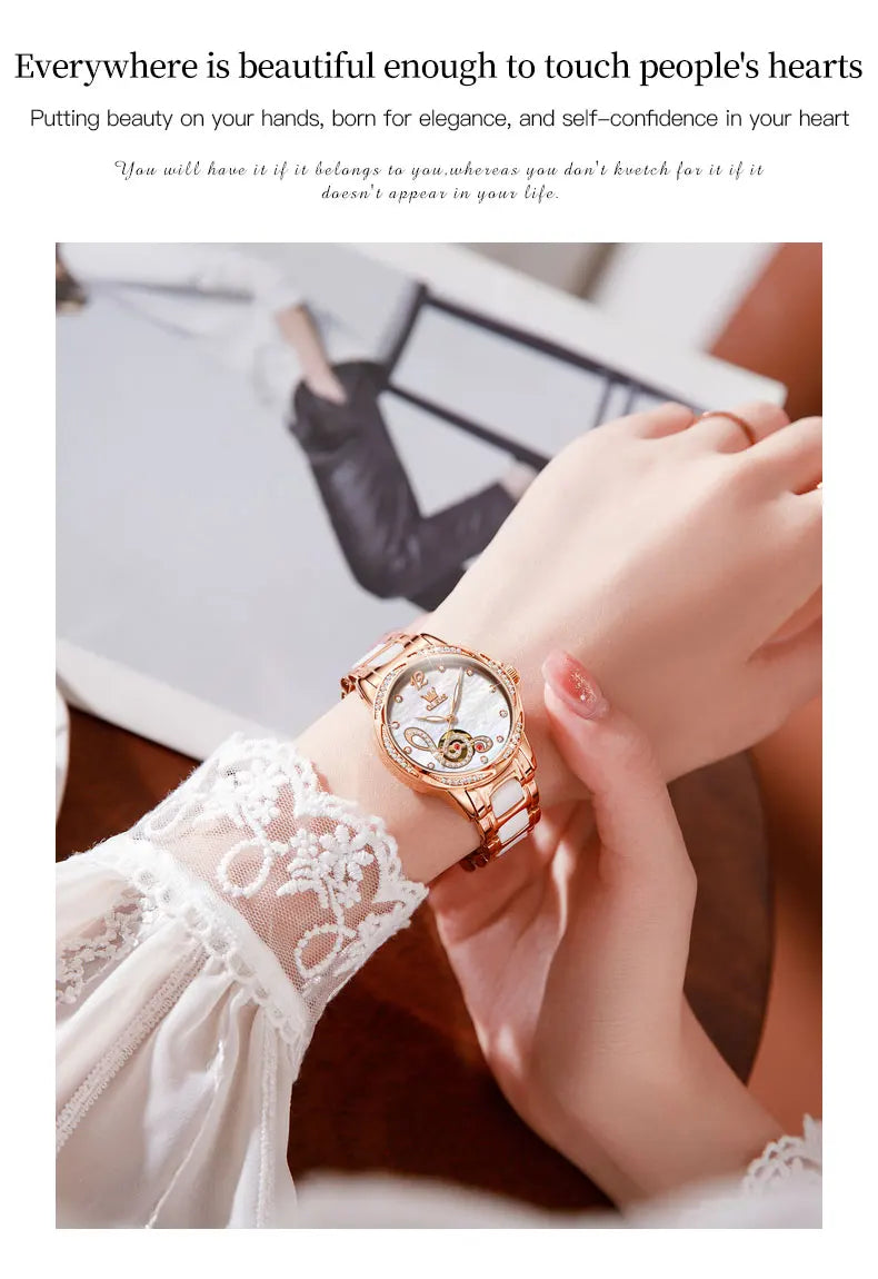 OLEVS 6656 Ladies Watches Top Brand Luxury Elegant Original Automatic Mechanical Watch Waterproof Ceramics Strap Watch Set Box
