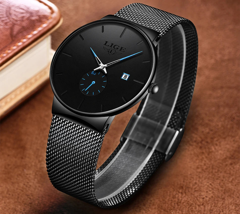 LIGE Fashion Mens Watches Top Brand Luxury Quartz Watch Men Casual Slim Mesh Steel Waterproof Sport Watch Relogio Masculino