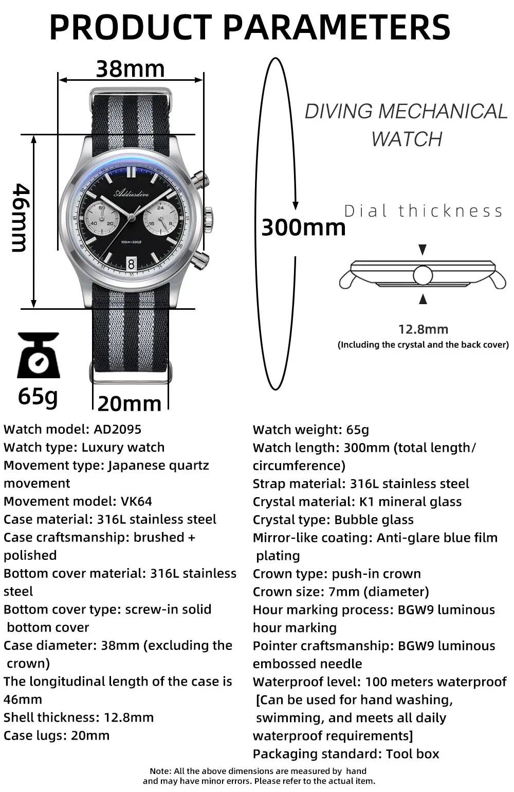ADDIESDIVE New AD2095 Watch Chronograph Bubble Mirror Glass Quartz Watches Luminous Waterproof Retro Nylon Luxury Men's Watch