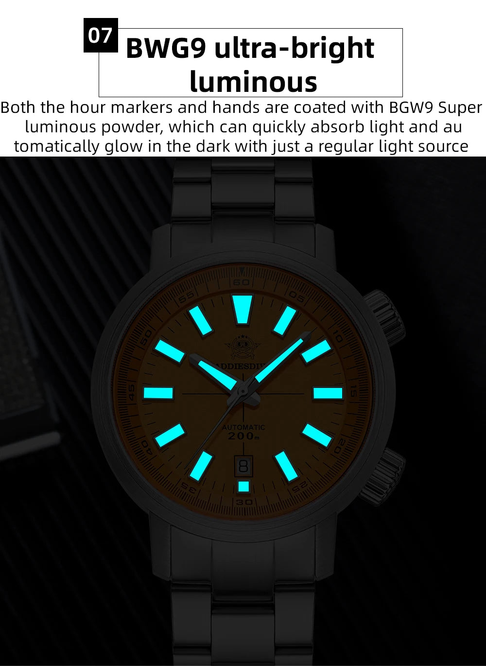 ADDIESDIVE Automatic Mechanical Watch 200m Waterproof BGW9 Super Luminous Sapphire Grass  8215 316L Stainless Steel Men Watches