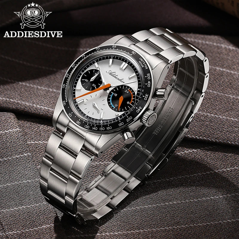 ADDIESDIVE New Men Watch VK63 Chronograph Quartz Watches 37mm Color Blocking Dail Stainless Waterproof Luminous Luxury Watches