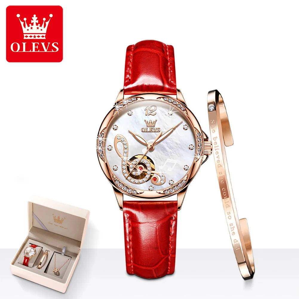 OLEVS 6656 Ladies Watches Top Brand Luxury Elegant Original Automatic Mechanical Watch Waterproof Ceramics Strap Watch Set Box